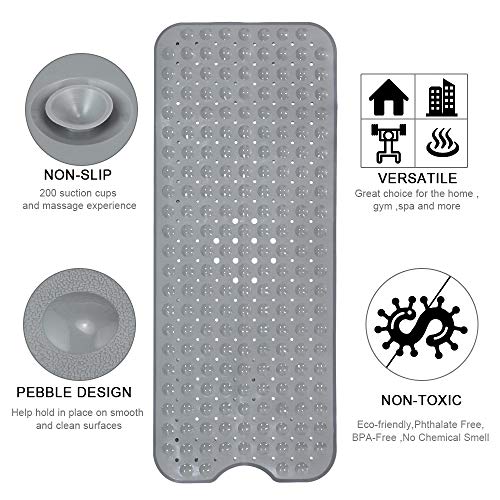 YINENN Bath and Shower Safety Mats 40x16 inch, Non Slip with Suction Cups for Bathroom Stall and Tub Floor, Extra Large and Machine Washable, Drain Holes Keep Bathtub Clean, Grey - color: Grey