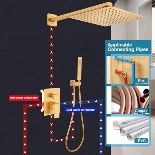 Shower Faucet Set 10 Inch Square Rain Head Brushed Gold w Handheld Sprayer & Valve - color: Gold-Square, style: 10"