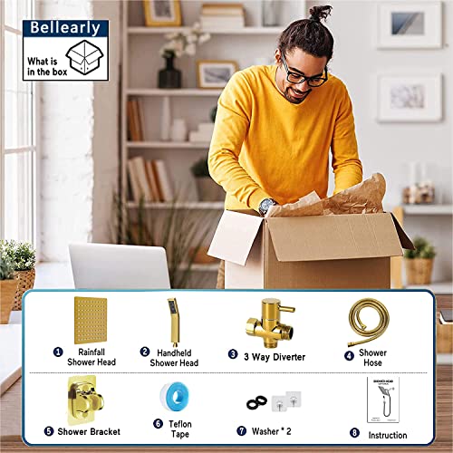 Gold High Pressure Square Rain Shower Head And All Metal Handheld Shower, Equipped With 78"Hose, 3 Way Diverter Valve,Adhesive Shower Head Holder, Luxury Shower Combo - color: Gold, size: 6