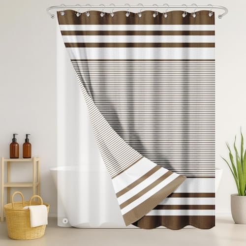 3 in 1 Shower Curtain and Liner,72 x 72 inch, Striped Brown | Blue Rustic Neutral Modern Double Layers Waterproof Fabric with See Through Top Window Open Grommet Bath Curtain - color: Brown Striped