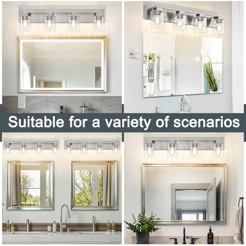 4-Light Brushed Nickel Bathroom Light Fixtures, with Clear Glass Shade | 29.5 Inch Bathroom Lighting Fixtures Over Mirror, Modern Wall Light, bathroom vanity light E26 Socket, ETL - color: Brushed Nickel, size: 4-Light