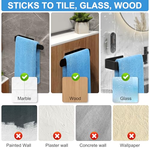 Hand Towel Holder for Bathroom Wall 8 inch, Self Adhesive Bothroom Hand Towel Bar Attached on Wall, Black