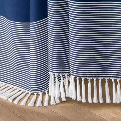 Navy Blue Coastal Ocean Cotton Striped Shower Curtain with Tassel 60W X 72L | Boho Farmhouse Shower Curtains for Bathroom with Soft Cotton Feel - color: Navy Blue, size: 60"W x 72"L