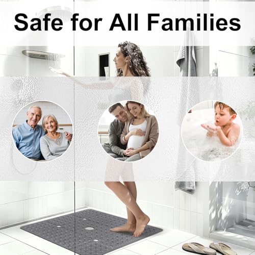 Square Shower Mat Non Slip, 27 x 27 Inch Quick Drain TPE Anti Slip Shower Mats for Inside Shower, Soft Shower Floor Mat with Suction Cups, Quick Drying, Machine Washable - color: Grey
