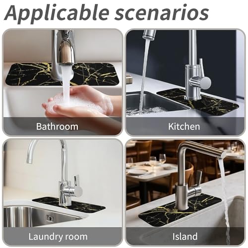 Kitchen Sink Splash Guard,Black gold marble-1 Faucet Mat Sink Gadgets-Super Absorbent Fast Drying Mat Drip Catcher for Kitchen, Bathroom,Sink Mat, Dish Drying Mat, Bathroom(15" X 5.5" ) - color: Black gold marble-1