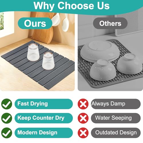 3Pcs Water Absorbing Stone Drying Mats for Kitchen Counter Diatomite Dish | Large Fast Dry Stone Sink Mat Dish Drying Matt Pad Bathroom Trays Countertop Black Diatomaceous Earth Dish Draining Mat - color: Dark Gray