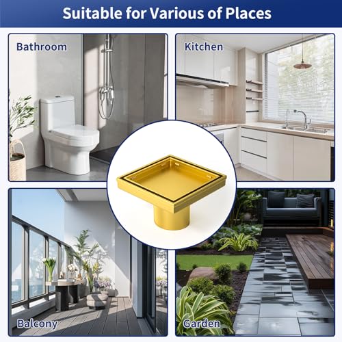 Square Shower Drain, 304 Stainless Steel Floor Drain 4" | with Tiled Insert Grate & Hair Strainer, Bathroom 2-in-1 Tiled in Drain, CUPC Certified - color: Brushed Gold, size: 4''
