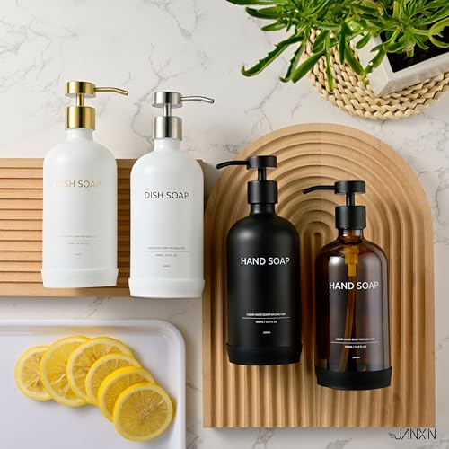Glass Soap Dispenser Bathroom Set by Janxin, Foaming Kitchen soap Dispenser with Ceramic Tray for Dish Soap, Liquid Soap Dispenser for Hand Soap, Lotion, Body Wash (White+Silver) - color: White Silver D