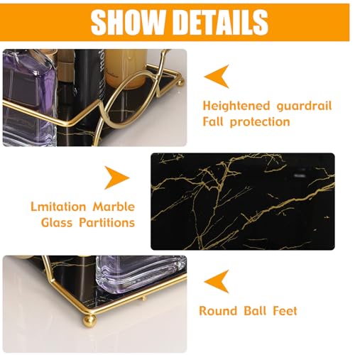 Large Bathroom Vanity Tray Black Gold Glass Counter Organizer | 12.6” Glass Handled Tray with Metal Frame, for Perfume, Skincare, Kitchen Counter, Coffee Bar, Entryway & Vanity - color: Black Gold-large