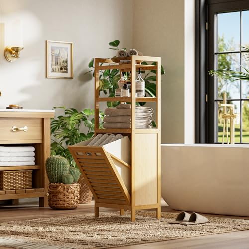 HITNET Tilt Out Laundry Hamper, Bamboo Laundry Basket with Foldable Bag and 3 Open Shelves, Freestanding Clothes Storage Organizer for Bedroom, Bathroom, Living Room, Natural - color: Natural