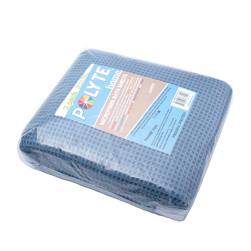 POLYTE 430 GSM Poly Blend Microfiber Waffle Bath Sheet XL Set, 35x70 in | 2 Pack, Oversize, Lint Free, Quick Dry - color: Blue, size: X Large