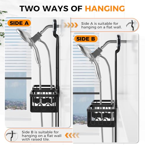 Adjustable Aluminum Shower Caddy Hanging for Handheld Showerhead, Black | Rustproof Aluminum, Shower Organizer, Anti-Slip, Quick-Drain Shelf, 40lbs Capacity, Suction Cups, 8 Hooks, Razor Soap Holders - color: Black