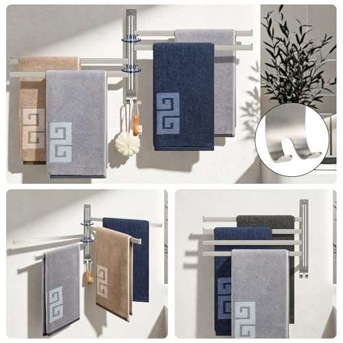 NearMoon Swivel Towel Rack, 13.8" Thicken 304 Stainless Steel 4-Arm Towel Bar, Space Saving Wall Mounted Towel Holder with Hook, Rustproof Swing Out Towel Hanger for Bathroom, Square (Brushed Nickel) - color: Brushed Nickel, size: 13.8 Inch-Squ