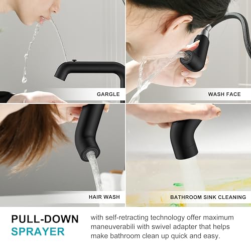 Matte Black Pull Out Centerset Bathroom Faucet 2 Handle 3 Hole 4 Inch | Pull Down Bathroom Faucet with Pop Up Drain & Supply Lines, Lead-Free cUPC & NSF Certified, 4 Inch Faucet for Vanity RV Sink - color: Matte Black