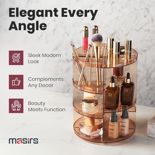 Masirs 360 Rotating Makeup Organizer Countertop, Adjustable Shelf, Brown | 360-Degree Rotating Makeup Organizer, Adjustable Shelf Height, Cosmetic Perfume Skincare Storage, Vanity Countertop, Brown - color: Brown