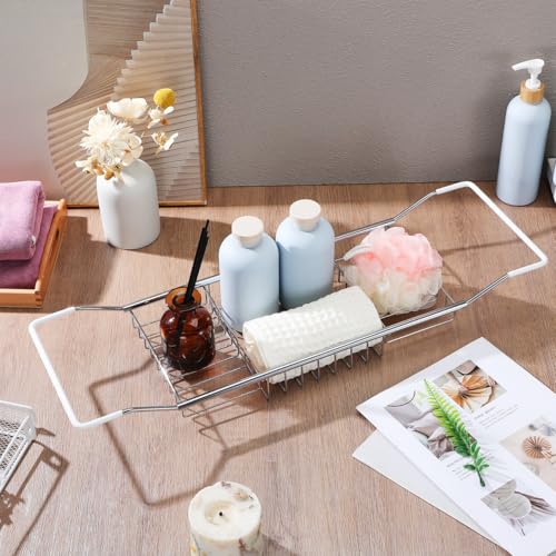Luxshiny Bath Tub Tray Extendable Bathtub Rack with Anti-Slip Design Adjustable Bathroom Holder for Books Phone Magazine and Wine Glasses Space-Saving Storage for Relaxing Baths - color: Silver