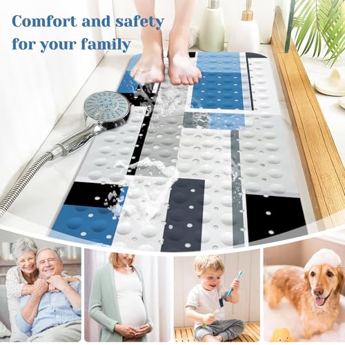 Blue Black Bath Tub Mat Non Slip, Modern Geometric Large Washable Shower Mats with Drain Holes and Suction Cups,40 X 16 Inch - color: Blue Black