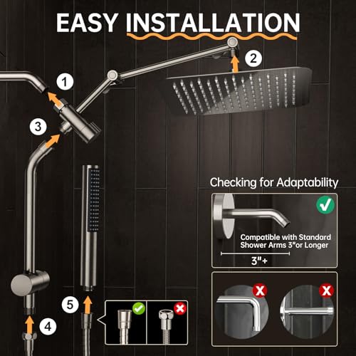 Veken 10" Luxurious Brushed Nickel All Metal Rain Shower Head with Handheld Spray Combo, High Pressure Rainfall Square Shower Heads with Extension Arm, Wide Dual Showerhead, Bathroom Accessories - color: Brushed Nickel