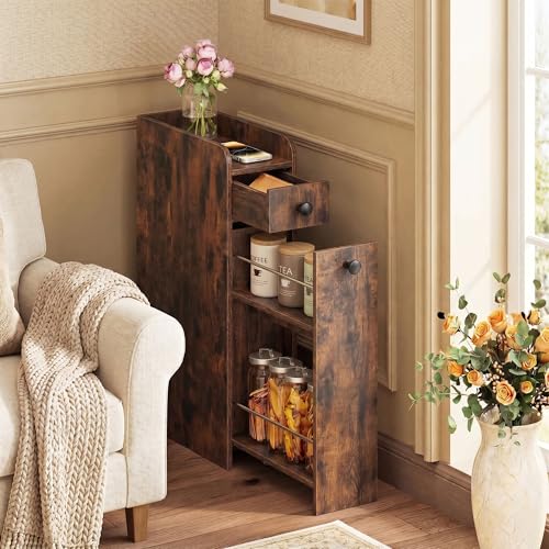 COSTWAY Slim Bathroom Cabinet, Freestanding Narrow Organizer, Rustic Brown | 7" Wide Space-Saving Storage with 2-Tier Slide-Out Drawer, Shelf & Toilet Paper Holder, for Bathroom, Laundry & Small Spaces - color: Rustic Brown