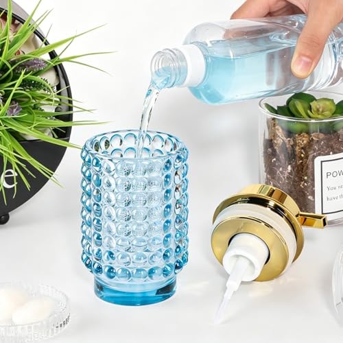 Glass Foaming Soap Dispenser, Blue Foam Hand Soap Dispenser, Bathroom 12 Oz Large Bottle with Gold Pump, Refillable Lotion Pump Container for Bathroom, Kitchen,Hand Soap, Dish Soap, Shampoo - color: Blue
