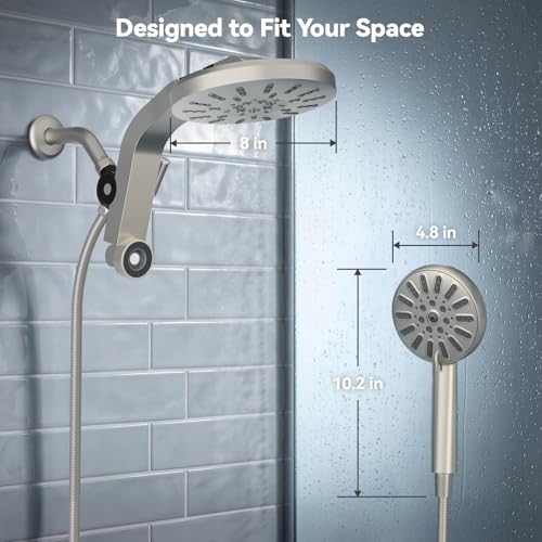INAVAMZ High Pressure Rain Shower Head Combo with Magnetic Handheld Nickel | Dual Shower System with Rainfall Showerhead and 8-Spray Handheld, Magnetic Dock, Adjustable Angle, Power Jet for Cleaning - color: Nickel