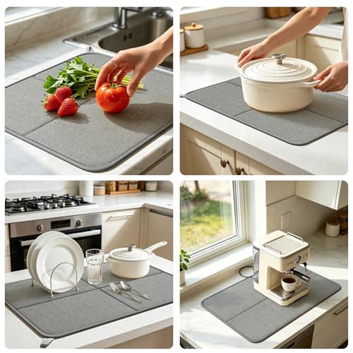 Dish Drying Mat for Kitchen Counter, Absorbent Dish Mat,Grey 16x24 | Ultra Absorbent & Fast Drying, Machine Washable Foldable Kitchen Drying Dry Pad for Countertops, Sinks, Draining Racks - size: 16" x 24"