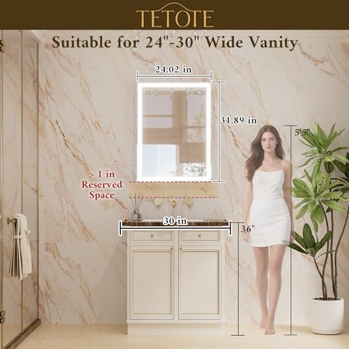 TETOTE 24 x 32 Medicine Cabinet with Lights, Adjustable Shelves, Silver Aluminum Cabinet, Anti-Fog Stepless Dimmable 3 Colors White/Warm/Natural, Easy to Install(Wall Mount/Recessed) - color: Silver, size: 32"L x 24"W