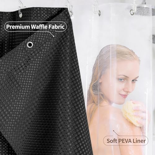 QiyI 3 in 1 Waffle Shower Curtain Set with Liner, Black, 72 x 78 | Shower Curtain and Liner Set with Hooks, Waterproof Bathroom Curtain with PEVA Liner & 12 Double Sided Clear Plastic Rings - color: Black, size: 72"W x 78"L (Pack of 1)