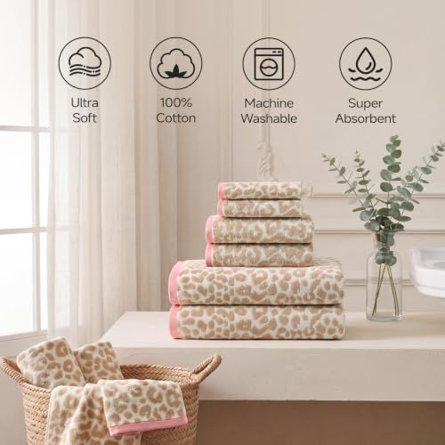 REDKISS Leopard Print Towel Set of 6,100% Cotton Bathroom Towels,Quick Dry & Absorbent,2 Bath Towel, 2 Hand Towel, 2 Washcloth-Light Brown - color: Light Brown