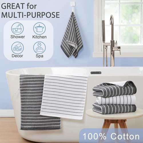VOOVA & MOVAS Black Striped Hand Towels 4 Pack, 100% Cotton, 13x28 in | Versatile for Bathroom Daily Use, Hanging Loops, 450GSM, Ultra Absorbent & Quick Dry, Black Base with White Stripes - color: Black Stripe
