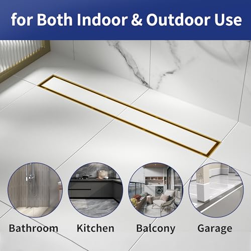 Linear Shower Drain, 304 Stainless Steel Floor Drain 18" | with Tiled Insert Grate & Hair Strainer, Bathroom 2-in-1 Tiled in Drain, CUPC Certified - color: Brushed Gold, size: 18''