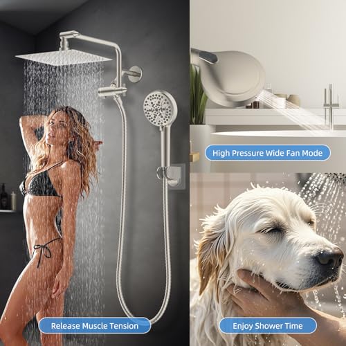8" Metal Rainfall Shower Head with 10-Mode Handheld, Brushed Nickel | NSF/ANSI/CAN 372 Certified, High Pressure Showerhead Combo with 11" Adjustable Shower Arm, 71" Hose, Shower Head Holder - color: Brushed Nickel, style: Square 8"
