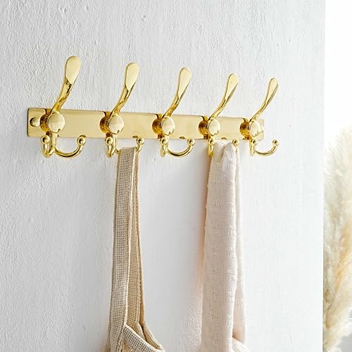 Coat Rack Wall Mount, Heavy Duty 12-Gauge Base vs Flimsy 1mm, Double-Thick Solid Anti-Snap Hooks, 16” Stud-Mount, Stainless Steel Hanger for Clothes Hat Entryway Closet, Gold, Pack of 2 - color: Gold, size: L=17" (2pcs)