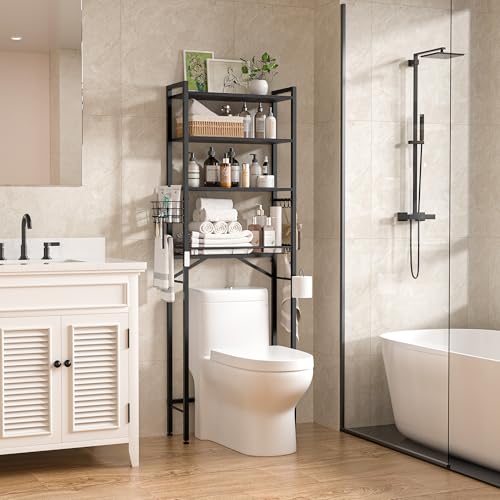 Over-The-Toilet Storage Rack, 4-Tier Bathroom Organizer Shelf Over Toilet with Adjustable Shelf and Basket, Freestanding Space Saver Bathroom Shelves Above Toilet for Room(Black) - color: Black