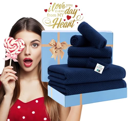 VOOVA & MOVAS 6PC Towel Set, 100% Cotton, Navy Blue | 2 Large Bath 30x56 In, 2 Hand 18x28 In, 2 Washcloths 13x13 In, Quick Dry, Thick, Soft, Quick Dry Towel For Shower - color: Marine Blue - Dark Navy, size: 6 PC Bathroom Towel Set