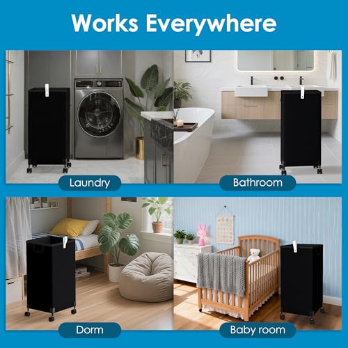Laundry Basket With Wheels 105L, Large Rolling Laundry Hamper With Removable Bag, Metal Frame Collapsible Dirty Clothes Bin, Cloth Organizer Hampers Pull Handle For Bathroom, Dorm, Bedroom Black - color: Black - 1 Pack