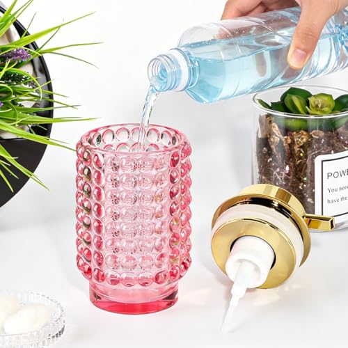 Glass Foaming Soap Dispenser, Pink Foam Hand Soap Dispenser, Bathroom 12 Oz Large Bottle with Gold Pump, Refillable Lotion Pump Container for Bathroom, Kitchen,Hand Soap, Dish Soap, Shampoo - color: Pink