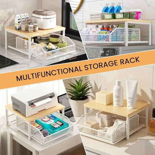Kitchen Microwave Rack, Small Coffee Stand Shelf with Drawer Storage Basket | Kitchen Counter Storage Microwave Shelf for Coffee Machine, Living Room, Bedroom(White) - color: White
