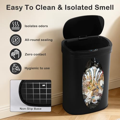 Kitchen Trash Can, 13 Gallon Automatic Can with Lid and Motion Sensor Home Office Bedroom Bathroom Living Room, Garbage Touchless Stainless Steel BLACK, 17.3 x 13 x 23.6 - color: BLACK