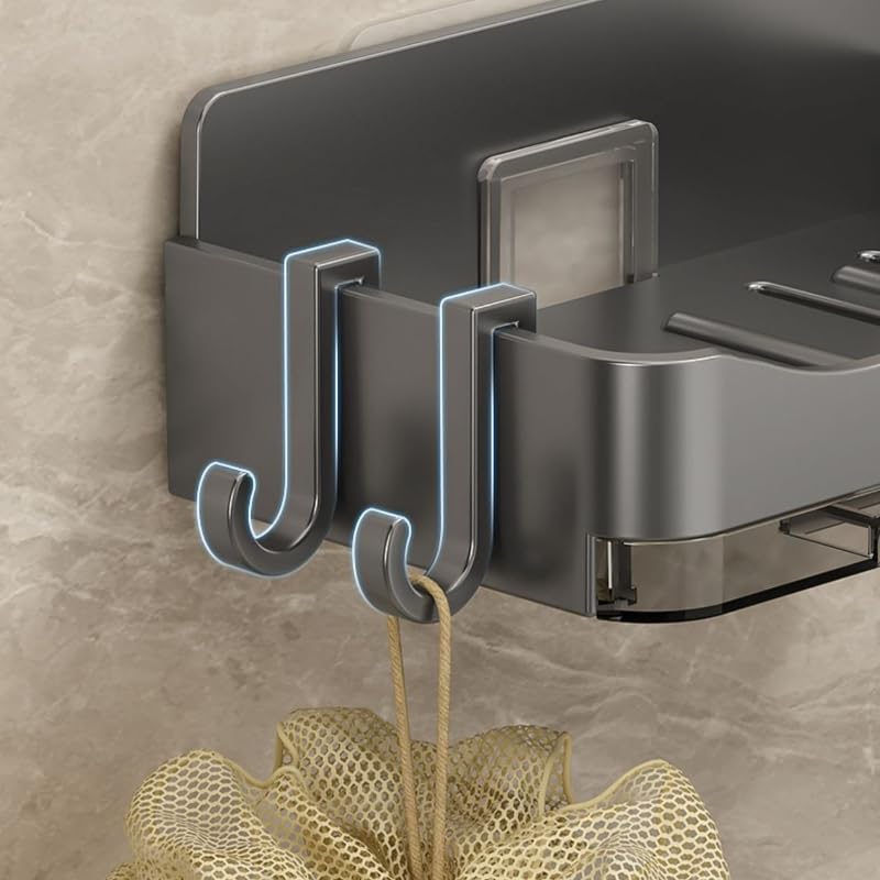 Black Wall Mounted Soap Dish for Shower No Punching Soap Box with Drain Tray and 2 Hooks Bathroom Soap Rack with Hook Double Drain Soap Dish
