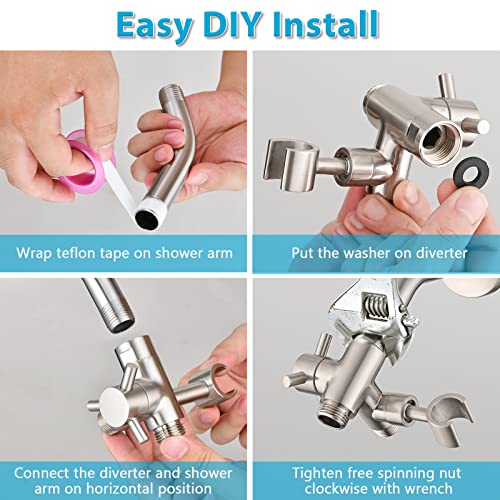 PDPBath Solid Brass 3 Way Shower Arm Diverter Valve with Handheld Holder for Dual Shower Heads with G1/2 Universal Connection - Brushed Nickel - color: Brushed Nickel-2