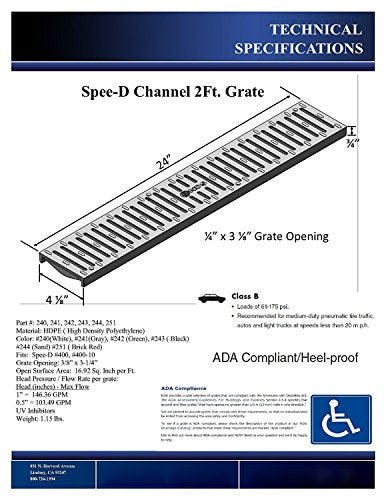 NDS 241-1 Spee-D® Channel Drain Grate, Plastic, 4-1/8-Inch wide X 2-Feet long, for Driveways, Patios, Pool Decks and Commercial Areas, Gray