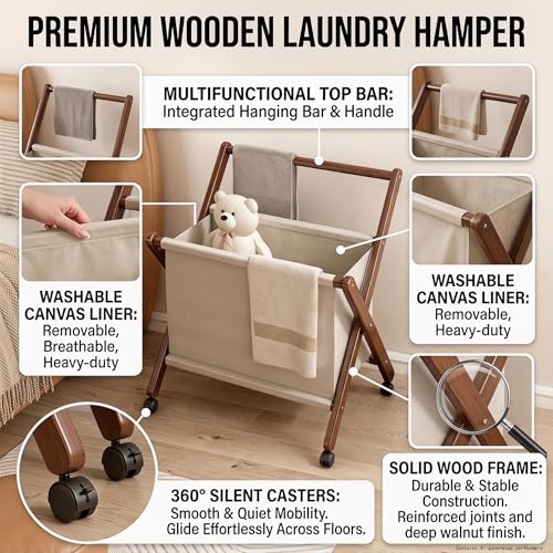 Foldable laundry cart with X-Frame – Small Bamboo wood laundry hamper | Laundry Hamper on Wheels, Collapsible Space Saving, Removable Cotton Liner, For Bathroom, RV, Dorm