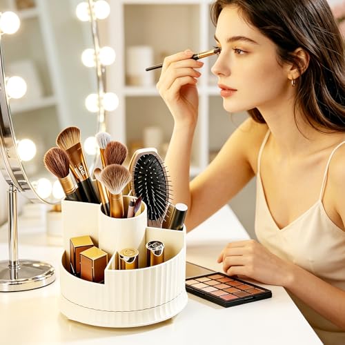360° Rotating Makeup Brush Holder, 5-Compartment Spinning Cosmetics Organizer Cup for Vanity, Creamy White Desktop Storage for Skincare & Bathroom Accessories