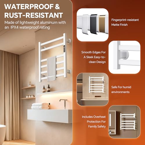 Electric Towel Warmer Wall Mounted, Heated Towel Rack with Intelligent Timer & Temperature Control, Plug-in or Hardwired, Left/Right Compatible, 21 Inch, White - color: White, size: 21 Inch