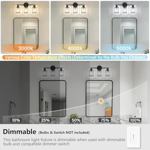 3 Light Bathroom Light Fixtures, Modern Crystal Vanity Lights over Mirror | Metal Frame, Bathroom Light with Square Crystal Shade, ETL Certified, E26 Ceramic Socket, Bulbs Not Included - color: Black, size: 3-Light
