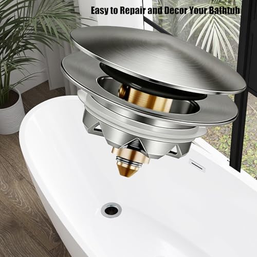 Anlige Bathtub Drain Stopper, Pop Up Tub Stopper and Cover, Bottom with Hair Catcher, Universal for 1.45 in to 1.8 in Drain, Replaces Old Drain Plug, Brushed Nickel - color: Brushed Nickel