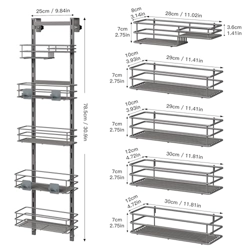 Orimade Over The Door Shower Caddy Adjustable 5 Tier Dark Grey,Bathroom Hanging Organizer Shelf Rustproof with 4 Hooks,Shower Basket with Soap Holder and Suction Cup - color: Dark Grey-5T