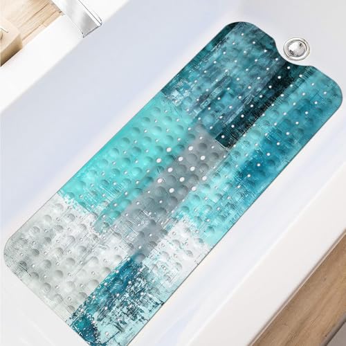Bath Tub Mat Non Slip, Abstract Non Slip Bath Mat for Shower, Large Washable Shower mats for Showers with Drain Holes and Suction Cups,40 X 16 Inch (Turquoise Abstract) - color: Turquoise Abstract
