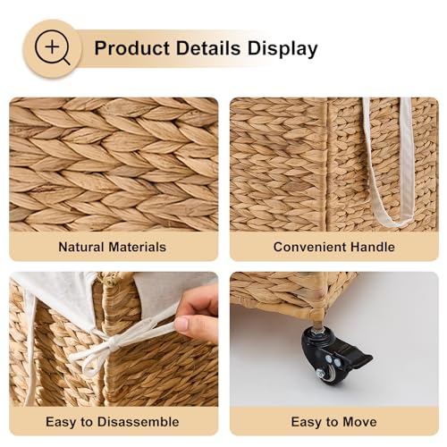 Rolling Laundry Hamper with Lid and Wheels, Slim Laundry Basket with Removable Liner Bag & 2 Mesh Bags, Handwoven Water Hyacinth Clothes Hamper for Bedroom Bathroom (Natural, 65L) - color: Natural/With Lid/65L